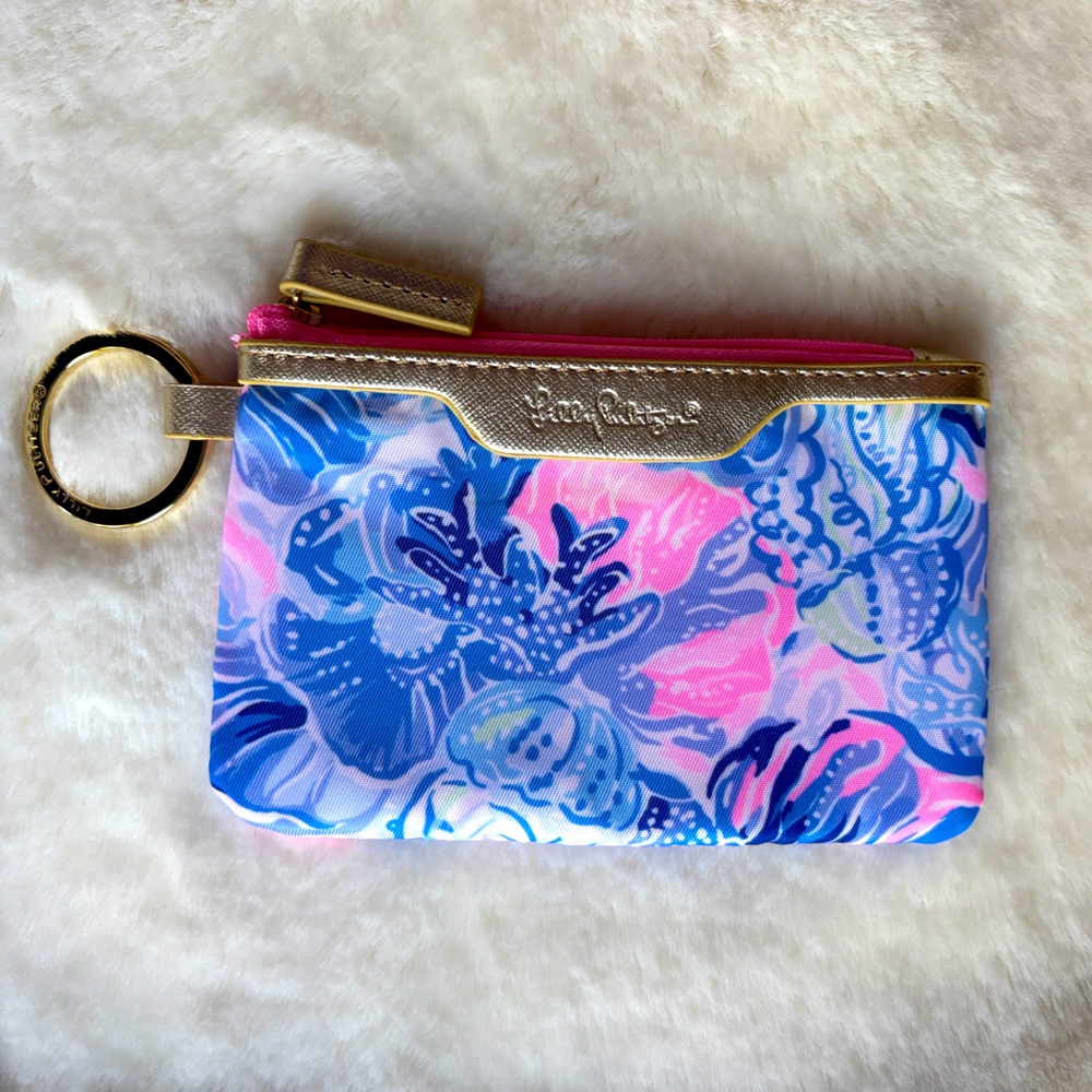 Lilly Pulitzer Blue and Pink Floral Coin ID Pouch with Keyring